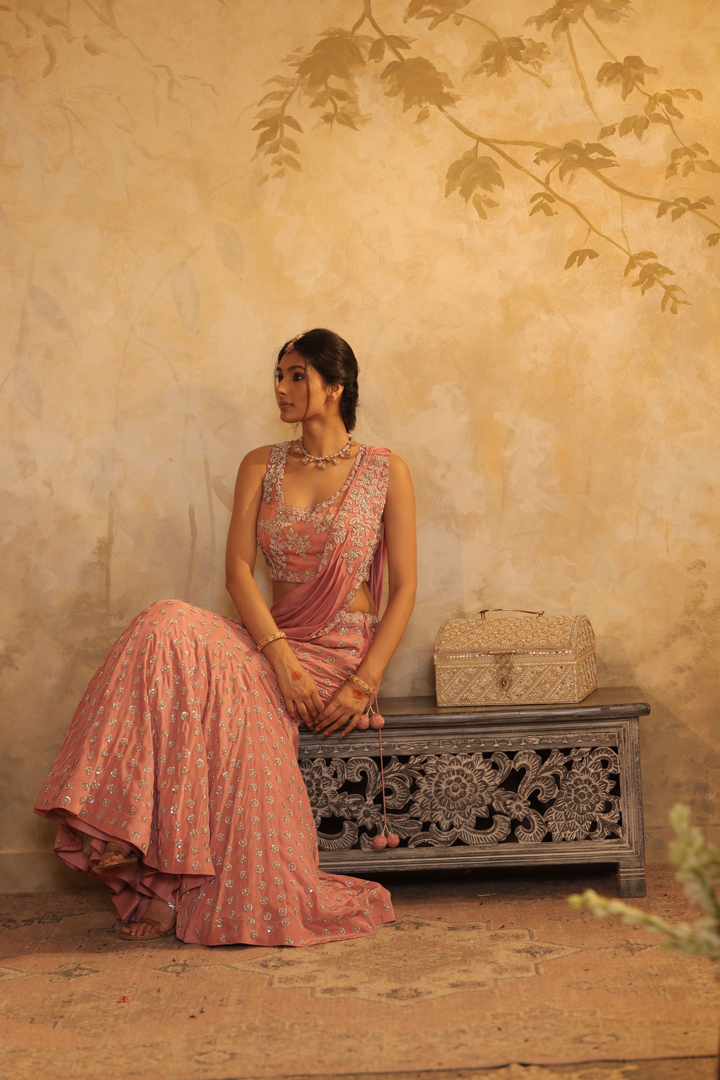 Beads Ready To Wear Pink Saree