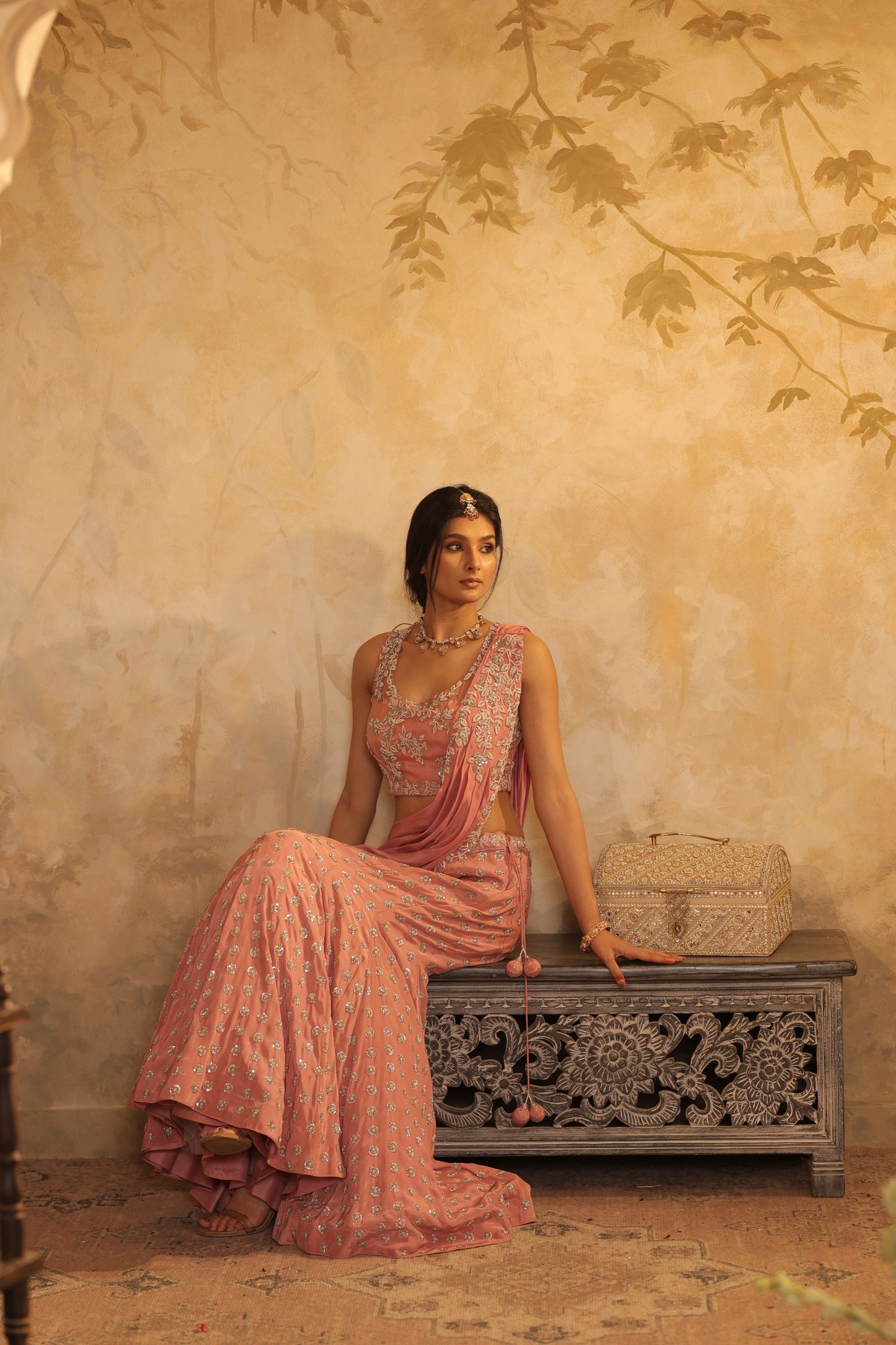 Beads Ready To Wear Pink Saree