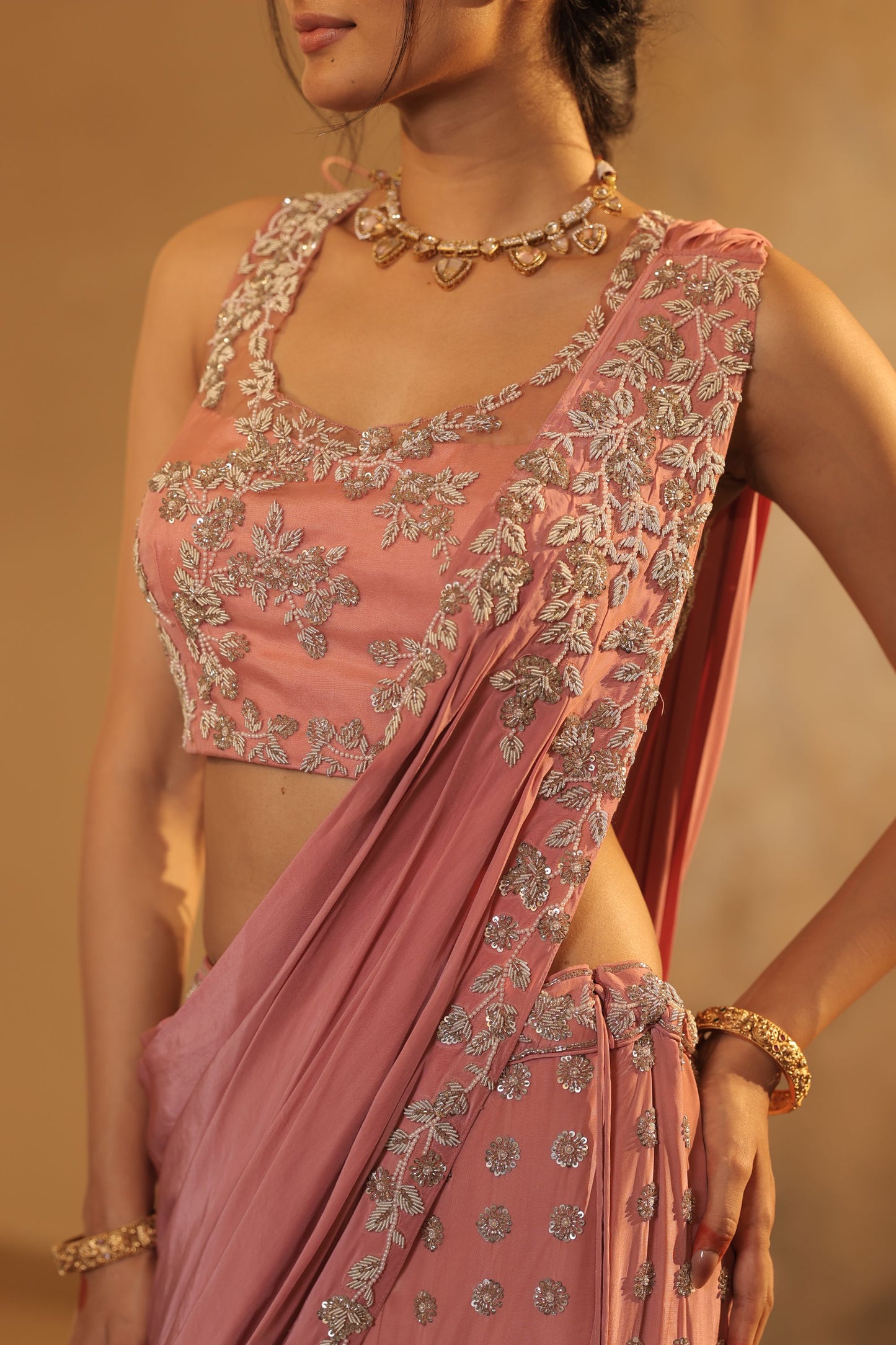 Beads Ready To Wear Pink Saree
