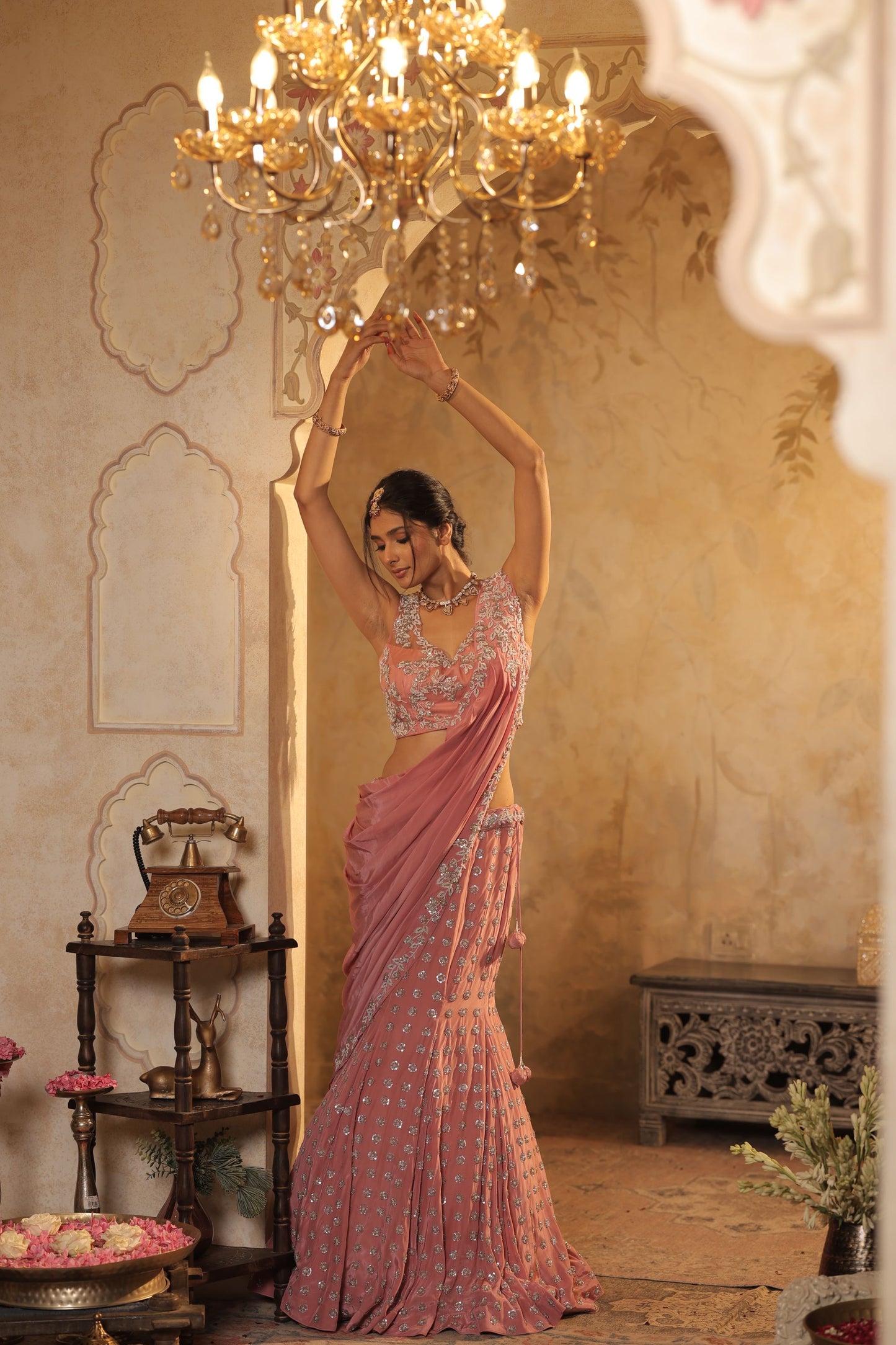 Beads Ready To Wear Pink Saree