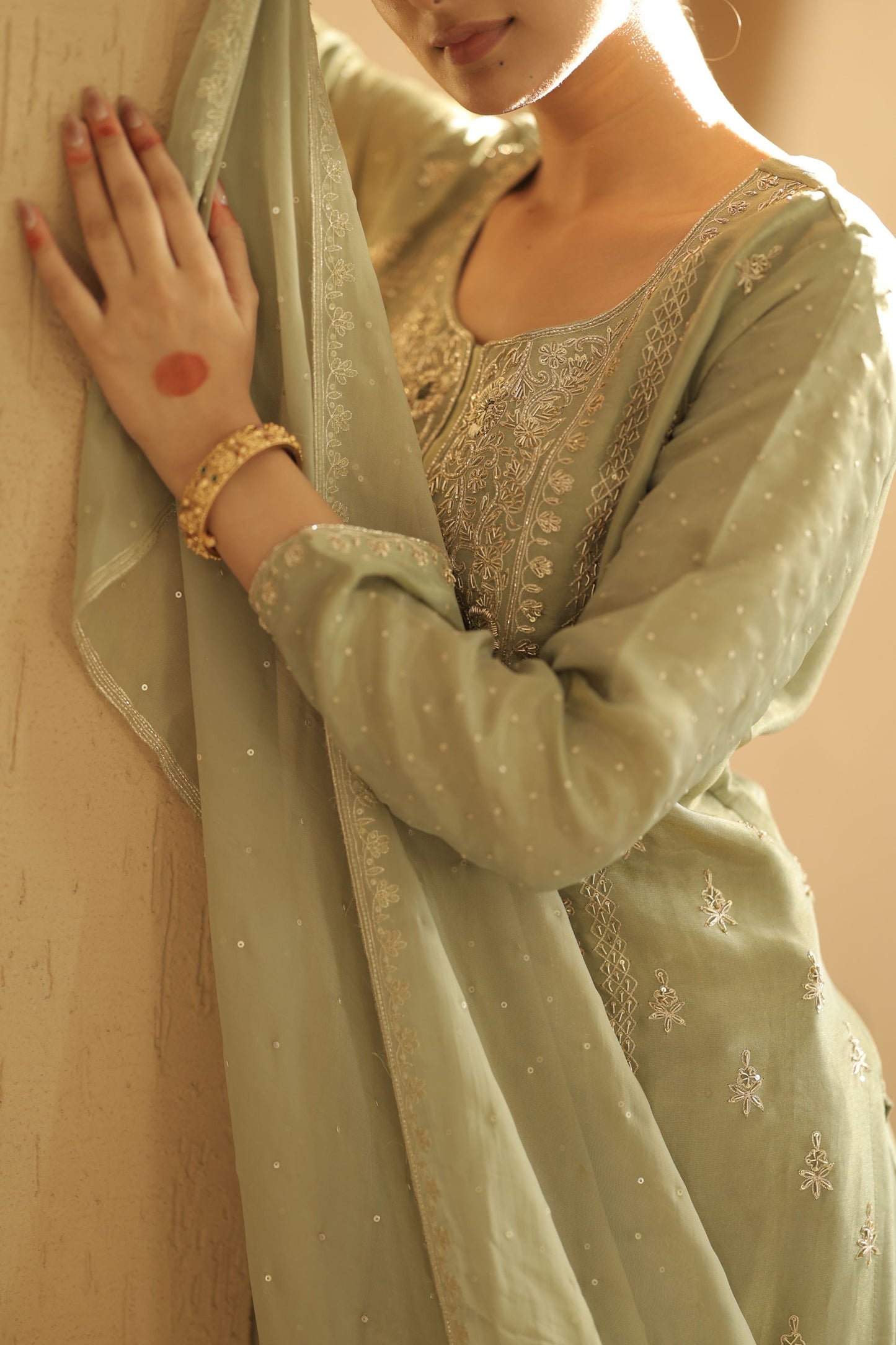 Sage Green Sequin Sharara Suit Set