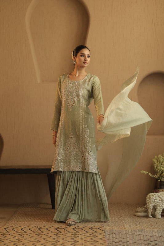 Sage Green Sequin Sharara Suit Set