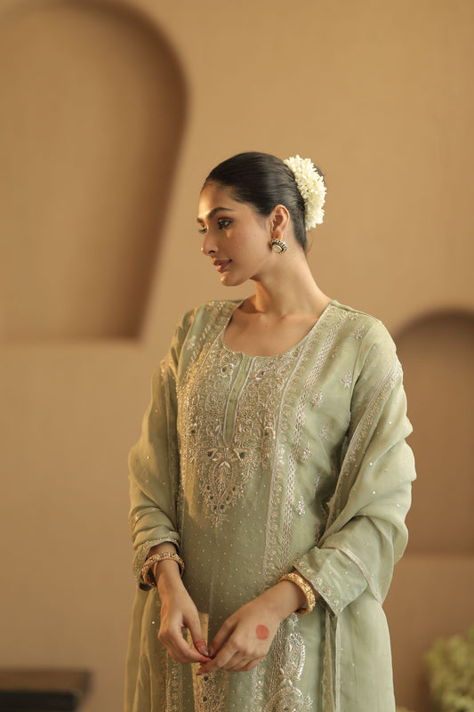 Sage Green Sequin Sharara Suit Set