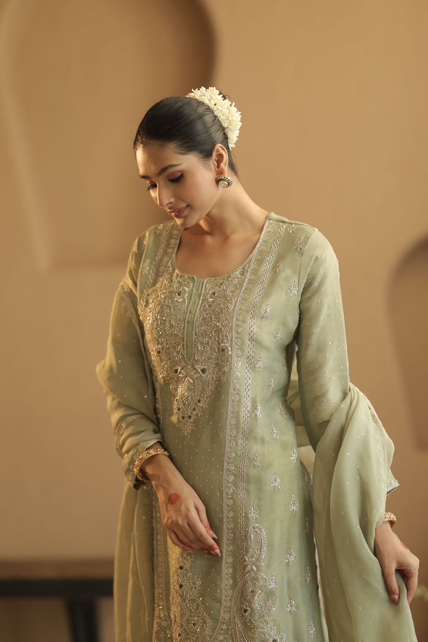 Sage Green Sequin Sharara Suit Set